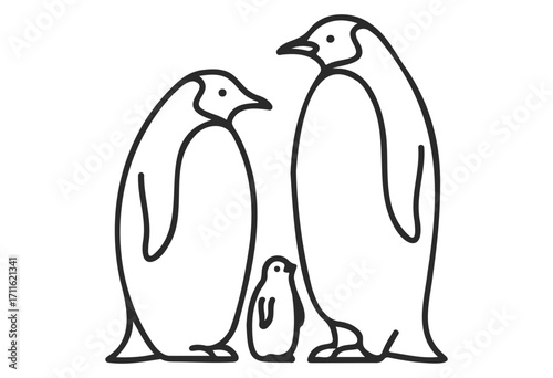 Line art of emperor penguin family with chick in minimalist style - stock vector