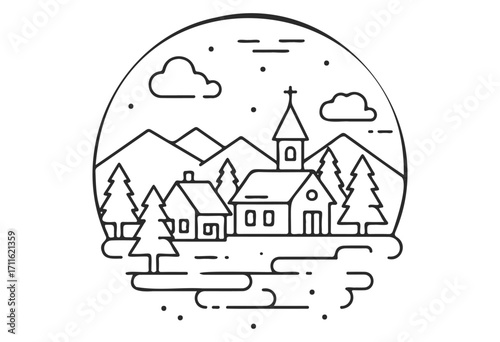 Scenic mountain village with chapel and pine trees in winter - stock vector