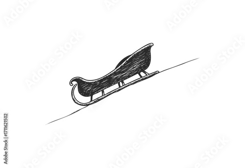 Sketch of wooden sleigh on snowy hill in winter forest scenery - stock vector