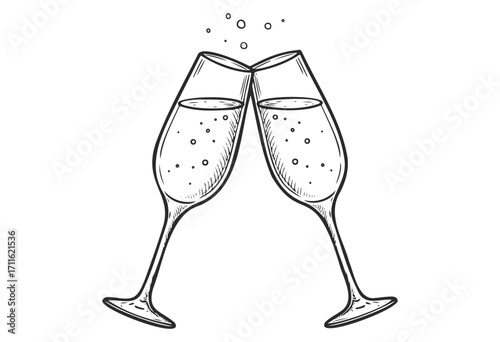 Celebration cheers: sketch of two champagne glasses clinking with bubbles - stock vector