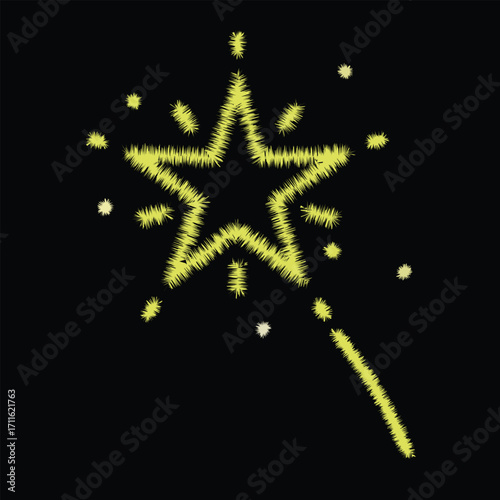 Glowing star shaped sparkler trail on dark sky