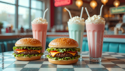 Delicious burgers and creamy milkshakes in a classic diner setting, perfect for restaurant menus, food blogs, and retro-themed designs
