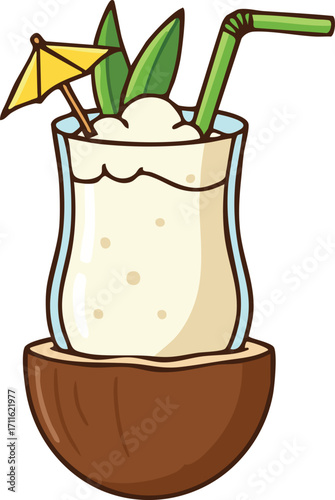 Coconut drink with straw umbrella and garnish