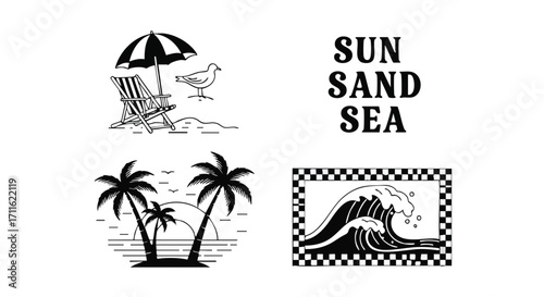 Dreamy summer beach vibes with palm trees, waves and relaxing beach chair designs