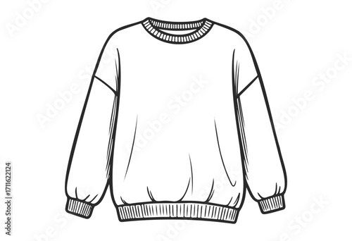Black and white line art drawing of a casual crewneck sweatshirt - stock vector