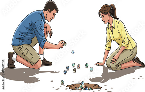 Traditional marbles game, outdoor play, childhood activity, casual clothing, competitive fun, hand-eye coordination, ground texture, colorful marbles, vintage pastime, friendly match