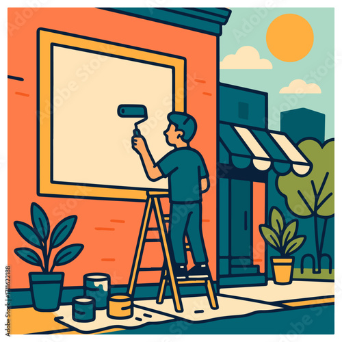 Painting Exterior Wall with Roller – Home Renovation Vector