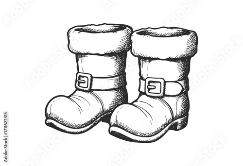Sketch of winter boots with fur lining and buckles - stock vector