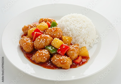 Sweet and Sour Chicken with Rice on White Background 