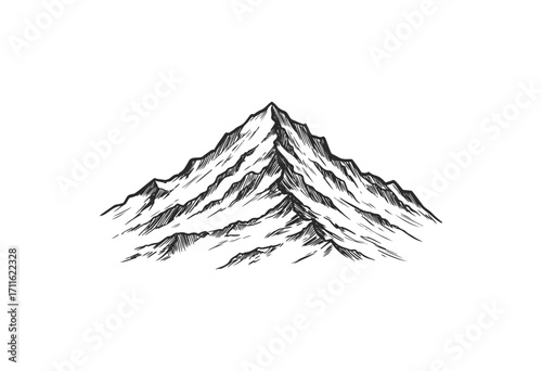 Hand-drawn mountain peak sketch in black and white with detailed shading - stock vector