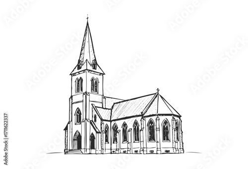 Hand-drawn sketch of a gothic revival church with tall steeple and detailed architecture - stock vector