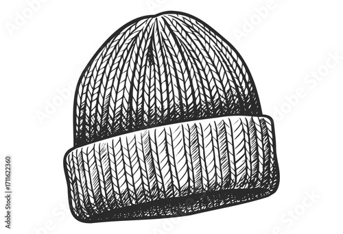 Hand-drawn knitted beanie illustration with detailed texture - stock vector