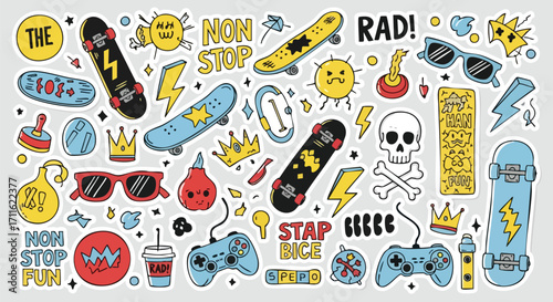 Dynamic sticker set showcasing skateboards, gaming, and fun, designed for youthful energy