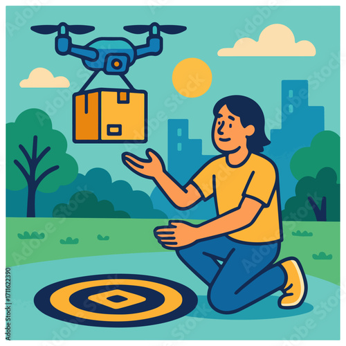 Drone Delivery in the Park – Receiving Package on Landing Pad