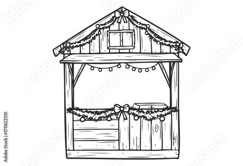 Rustic wooden christmas market stall with holiday decorations - stock vector