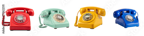 vintage rotary telephones in red green yellow blue colors on transparent background