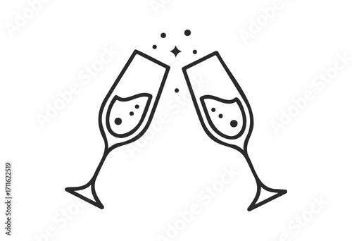 Cheers celebration icon with clinking champagne glasses and sparkles - stock vector