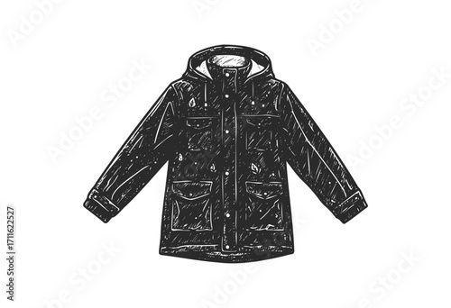 Vintage black outdoor jacket sketch with hood and pockets - stock vector