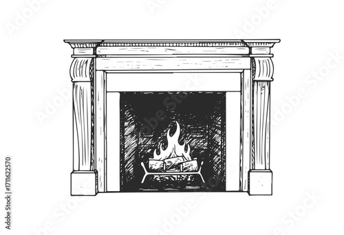 Classic vintage fireplace illustration with ornate details and burning fire - stock vector
