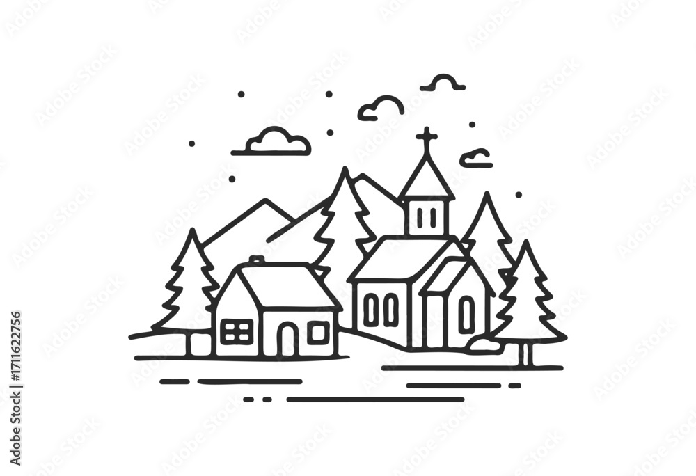 Fototapeta premium Minimalist black and white mountain scene with church and trees - stock vector