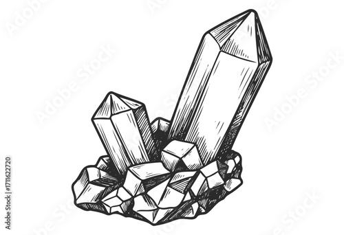 Intricate line art of crystal cluster with detailed facets and sharp points - stock vector