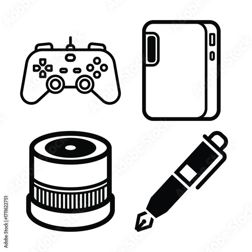 Collection of four icons depicting electronic devices a computer monitor, a wireless plug, a printer, and a webcam, isolated on white background