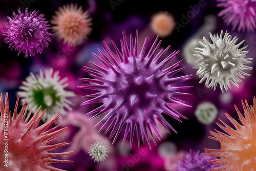 Colorful microscopic virus particles on dark background