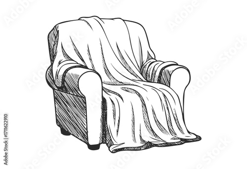 Sketch of armchair draped with blanket: cozy home interior design concept - stock vector