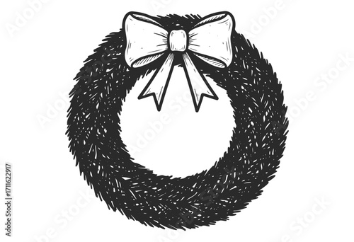 Festive wreath with bow: hand-drawn holiday decoration illustration - stock vector