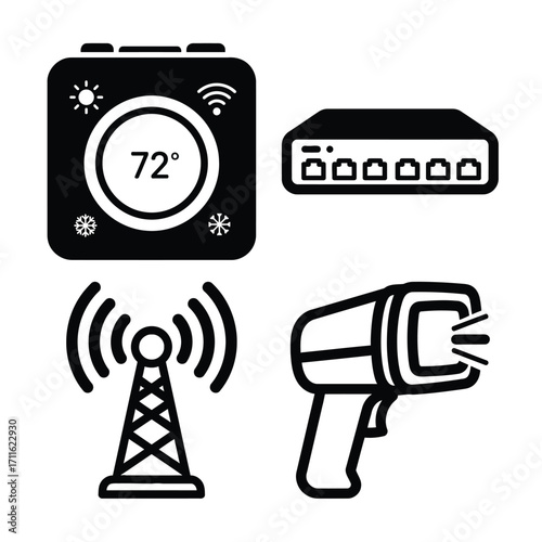 Group of four technology icons a projector, smart glasses, a usb flash drive, and a wifi router, isolated on white background