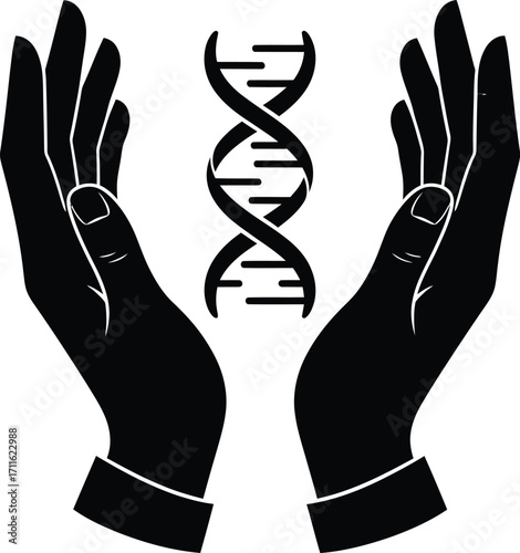 Two cupped hands gently holding a DNA double helix strand, symbolizing care and protection of genetic material.
