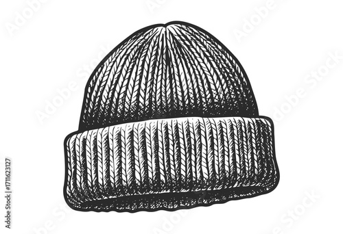 Hand-drawn knitted beanie hat illustration with detailed texture - stock vector