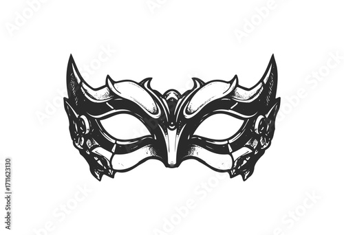 Intricate black and white masquerade mask with ornate horns and detailing - stock vector
