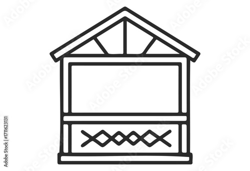 Simple black and white line art of wooden kiosk with decorative elements - stock vector