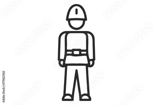 Minimalist worker icon with safety helmet and work attire in black outline - stock vector