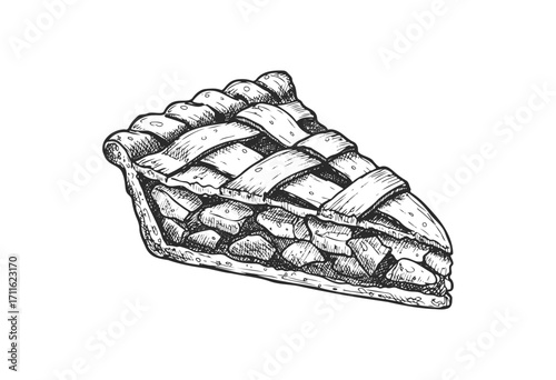 Detailed hand-drawn apple pie slice with lattice crust - stock vector