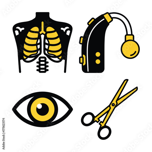 Set of healthcare symbols featuring a tooth, hearing aid, ambulance, and lungs isolated on white background