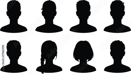 Black silhouette of people head profiles isolated on white background, male and female avatar icons, anonymous human face illustration, social media design