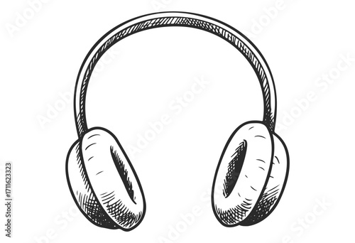 Vintage hand-drawn headphones sketch black and white - stock vector