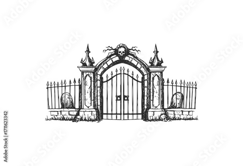 Spooky gothic iron cemetery gate with skull design and stone pillars - stock vector