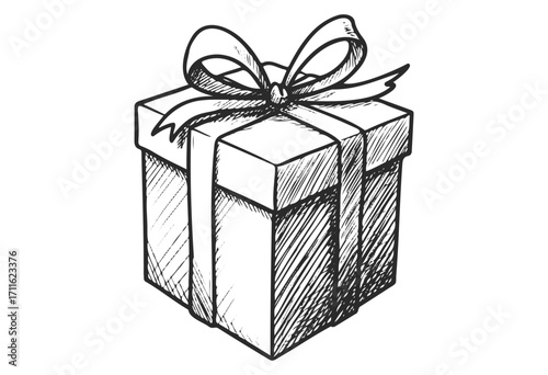 Sketch of gift box with ribbon: classic hand-drawn present design - stock vector