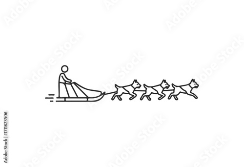 Minimalistic line art of dog sledding with four huskies and musher - stock vector