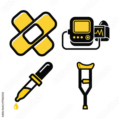 Set of four medical icons including a heartbeat ekg line with heart, a medical clipboard with cross, a heart with ekg line, and a hospital building, isolated on white background