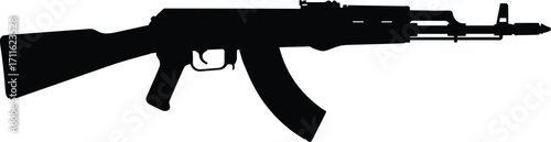 Black silhouette of assault rifle weapon isolated on white background, military firearm illustration, AK47 automatic gun shape, combat war equipment design