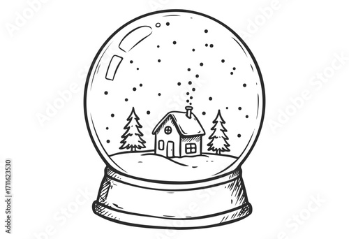 Snow globe with winter scene of house and trees in black and white drawing - stock vector