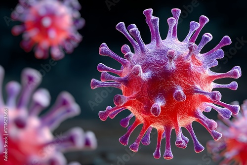 Close-up view of coronavirus structure with spikes