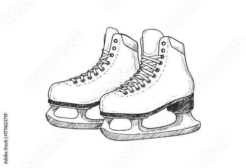 Detailed sketch of classic ice skates with laces and blades - stock vector