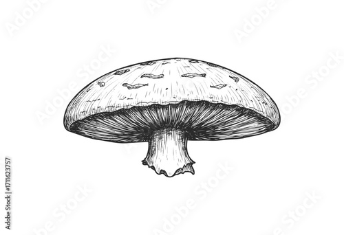 Detailed black and white sketch of a mushroom with texture and shading - stock vector