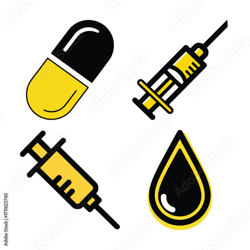 Group of four yellow and black icons depicting medical supplies and body parts, isolated on white background