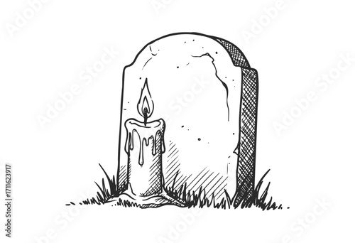 Candlelit gravestone illustration with wax-dripping candle and grass - stock vector